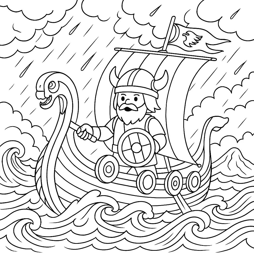 20+ Playmobil Ausmalbilder (Kostenlose Malvorlage für Kinder) Playmobil Ausmalbild mit Wikinger auf einem Langschiff bei Sturm auf dem Meer