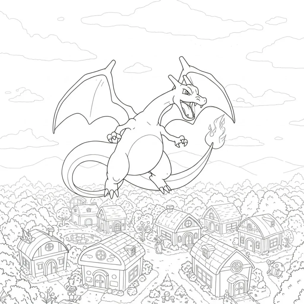20 Glurak Ausmalbilder (Gratis Malvorlage zum Ausdrucken) pokémon glurak ausmalbild mit Glurak fliegend über einem Pokémon-Dorf