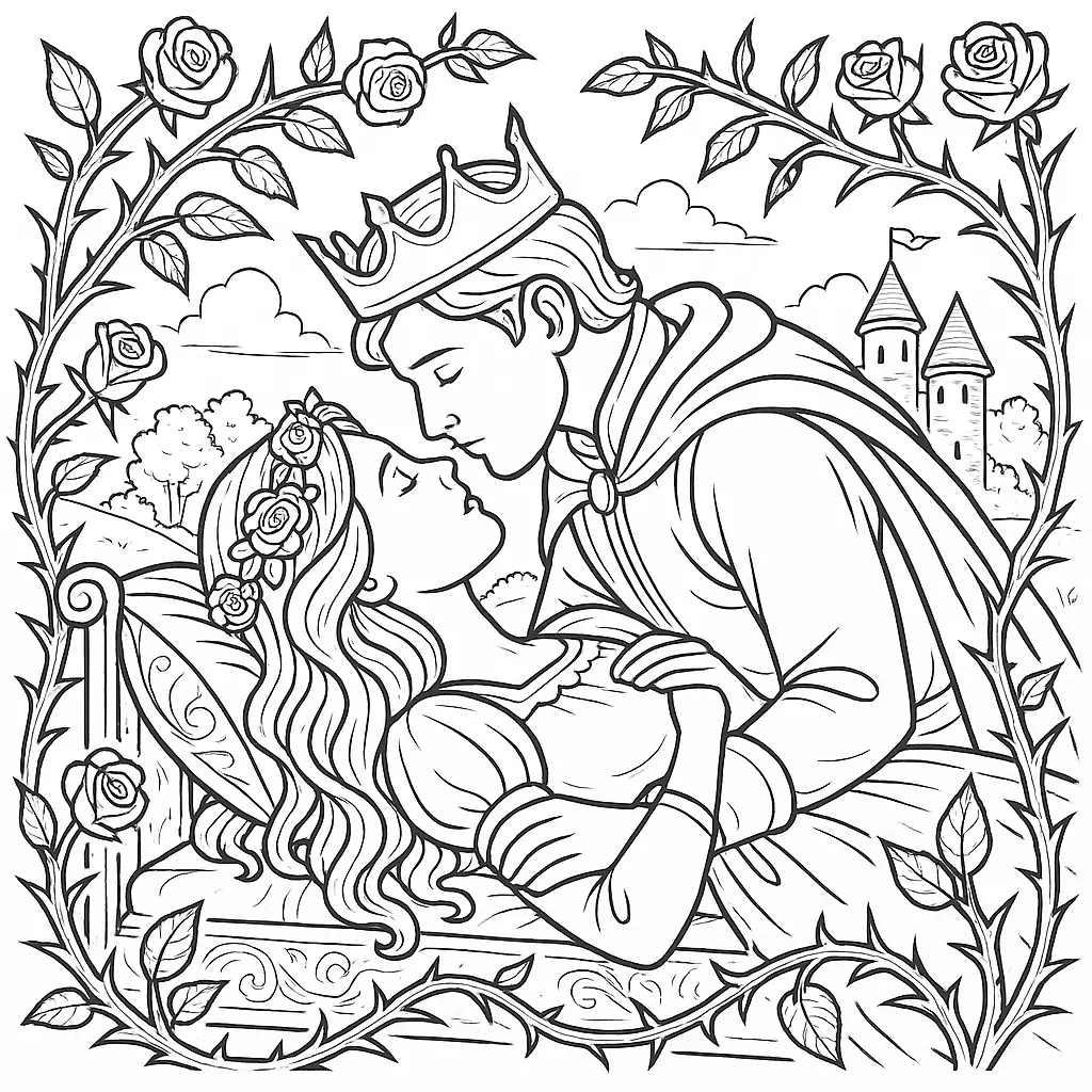 14 Dornröschen Ausmalbilder (Gratis Malvorlagen zum drucken) Der Prinz küsst Dornröschen im Schlossgarten, umgeben von Rosenranken und einem Schloss im Hintergrund – romantisches Ausmalbild für Kinder