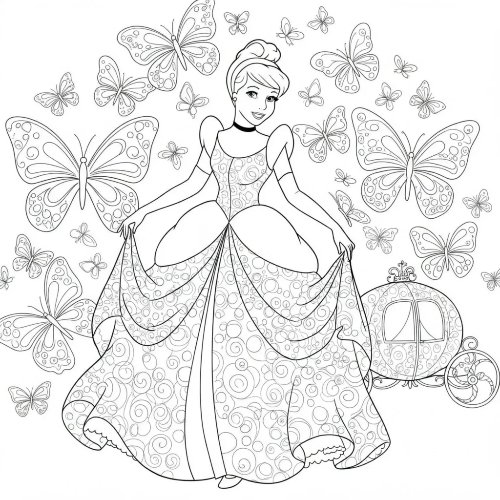 18 Cinderella Ausmalbilder (Aschenputtel Malvorlage drucken) Ausmalbild von Prinzessin Cinderella mit Schmetterlings-Hintergrund
