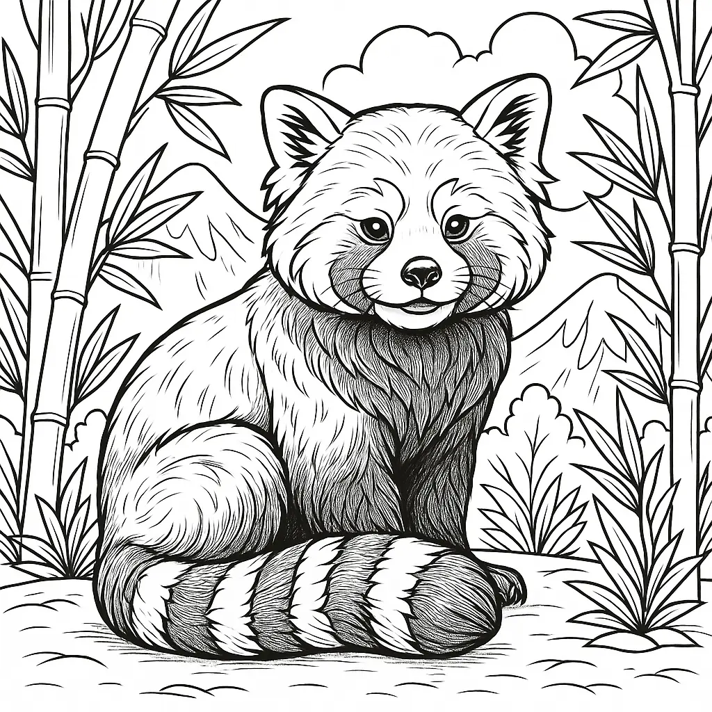 18 Panda Ausmalbilder (Kostenlose Malvorlagen zum Ausdrucken) Roter Panda sitzt im Bambuswald – Ausmalbild zum Ausdrucken