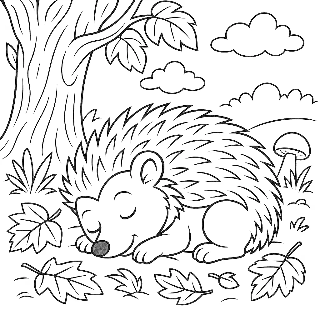 28 Ausmalbilder Igel (Kostenlose Malvorlage PDF zum drucken) Schlafender Igel Ausmalbild unter Baum mit Blättern und Pilz – kostenloses PDF