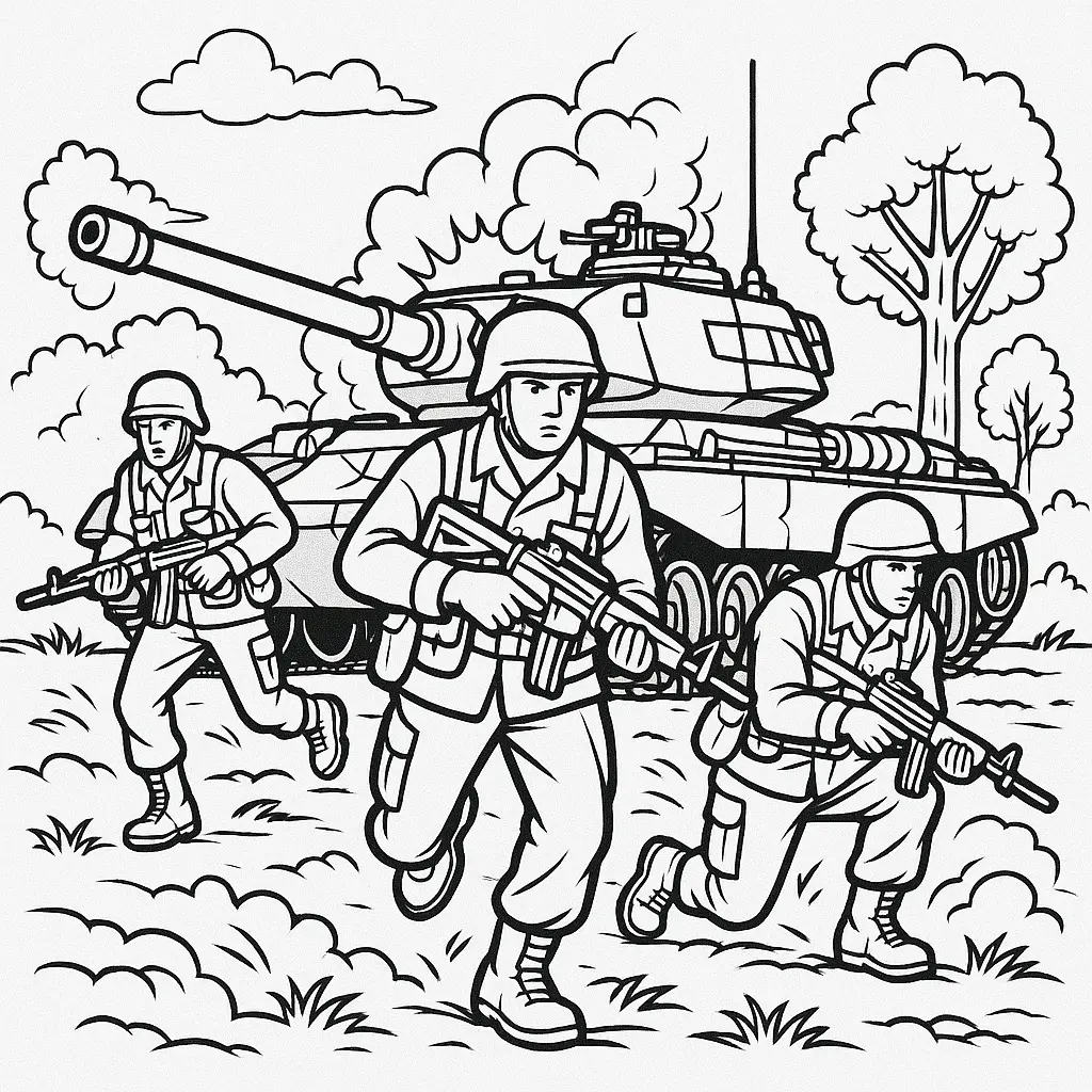 18 Panzer Ausmalbilder (Kostenlose Malvorlage zum Ausdrucken) Soldaten Ausmalbild mit Panzer – drei Soldaten in Aktion vor einem Kampfpanzer