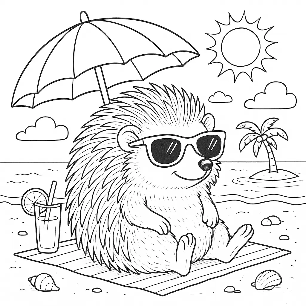 28 Ausmalbilder Igel (Kostenlose Malvorlage PDF zum drucken) Igel liegt am Strand auf einer Decke mit Sonnenbrille, Sonnenschirm und Meer im Hintergrund. Perfekt für sommerliche Ausmalideen.