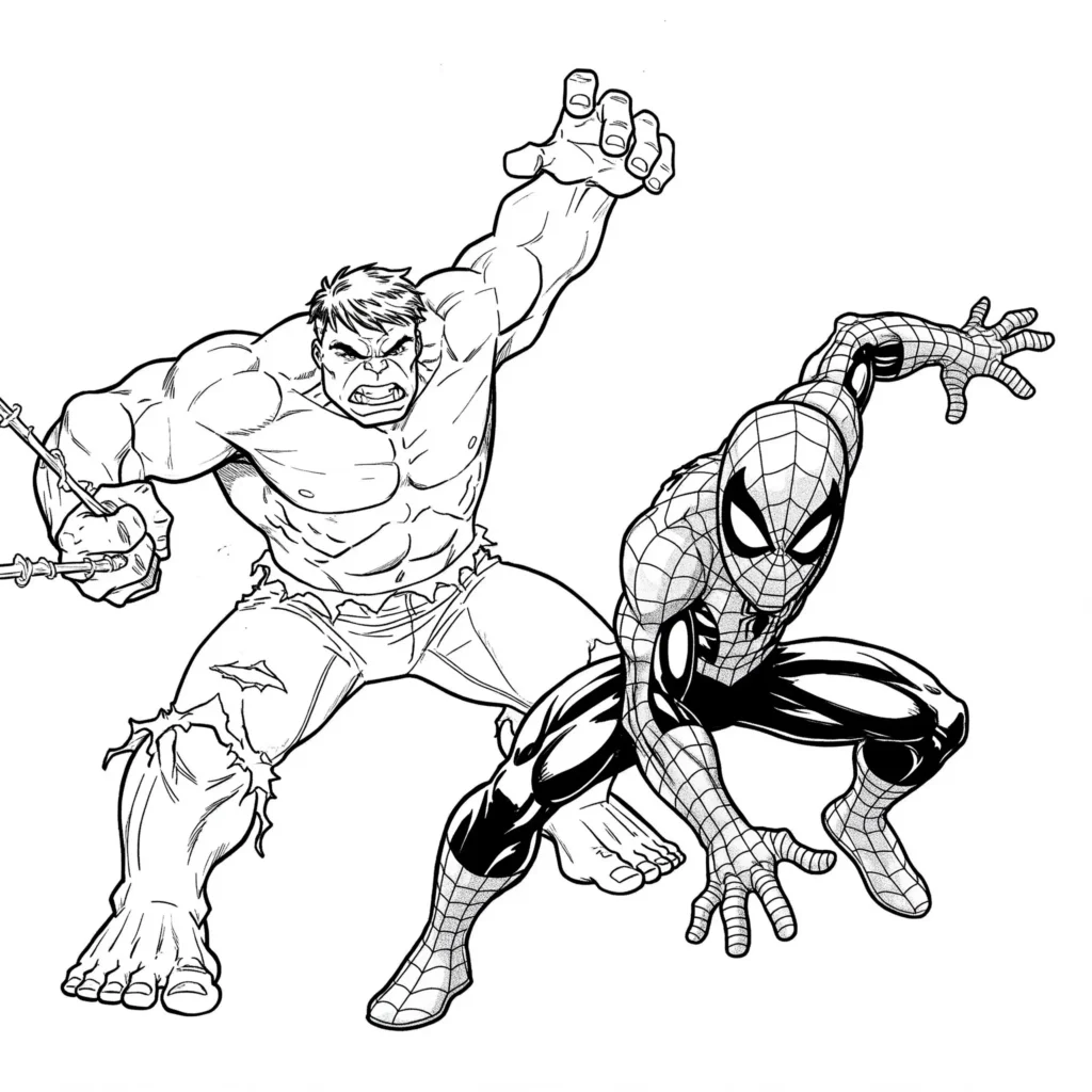 20 Hulk Ausmalbilder (Marvel Malvorlagen Kostenlos drucken) Spiderman und Hulk stehen Rücken an Rücken in Kampfposition – spannendes Superhelden-Ausmalbild für Kinder.