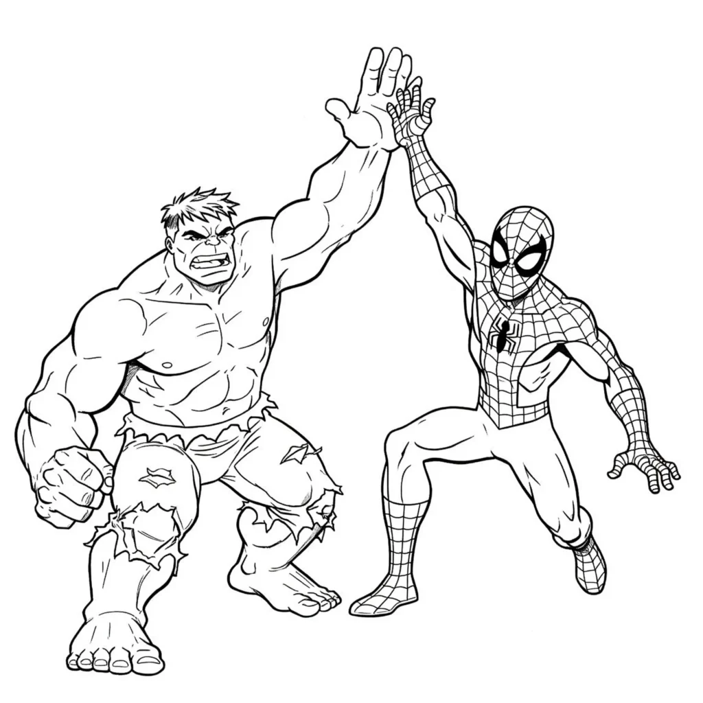 20 Hulk Ausmalbilder (Marvel Malvorlagen Kostenlos drucken) Hulk und Spider-Man schlagen ein High-Five ein – freundschaftliche Szene als Ausmalbild für Kinder.