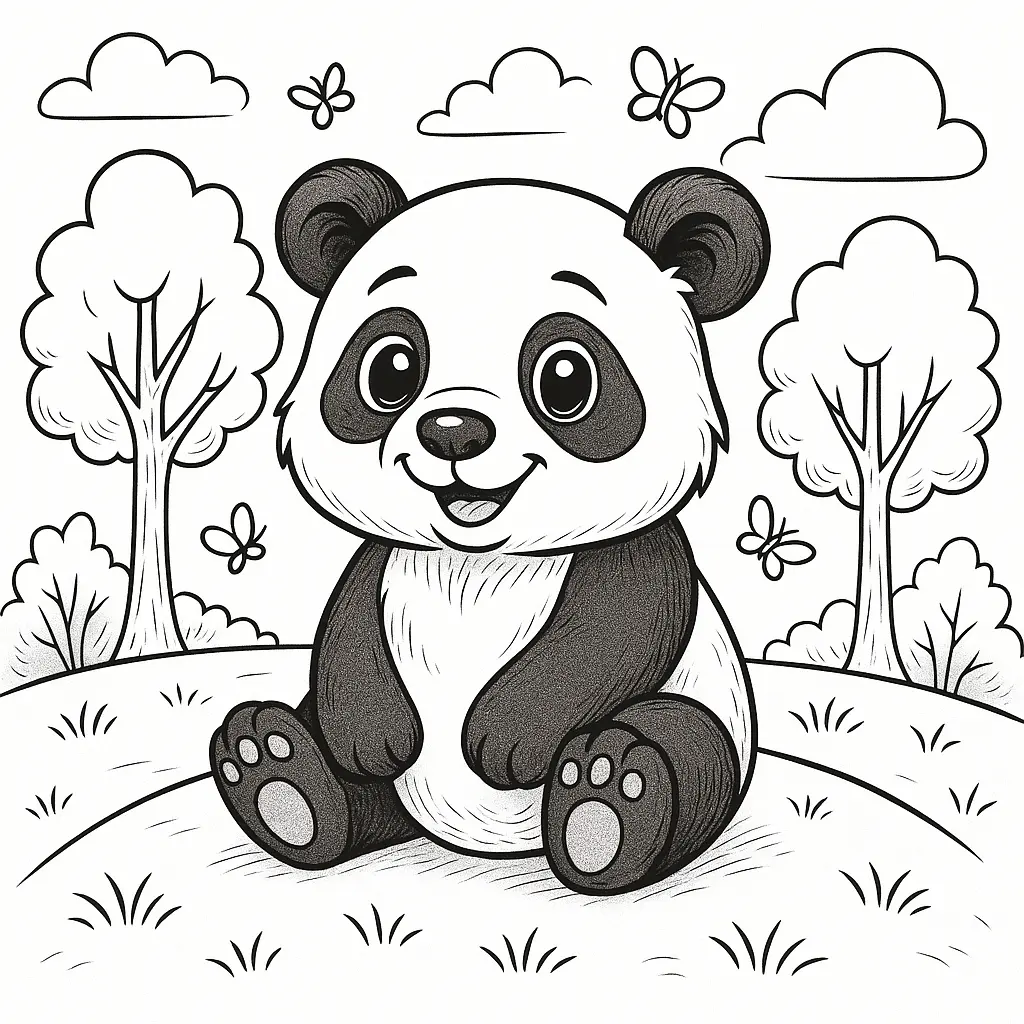 18 Panda Ausmalbilder (Kostenlose Malvorlagen zum Ausdrucken) Süßer Panda im Wald mit Schmetterlingen – Ausmalbild zum Ausdrucken