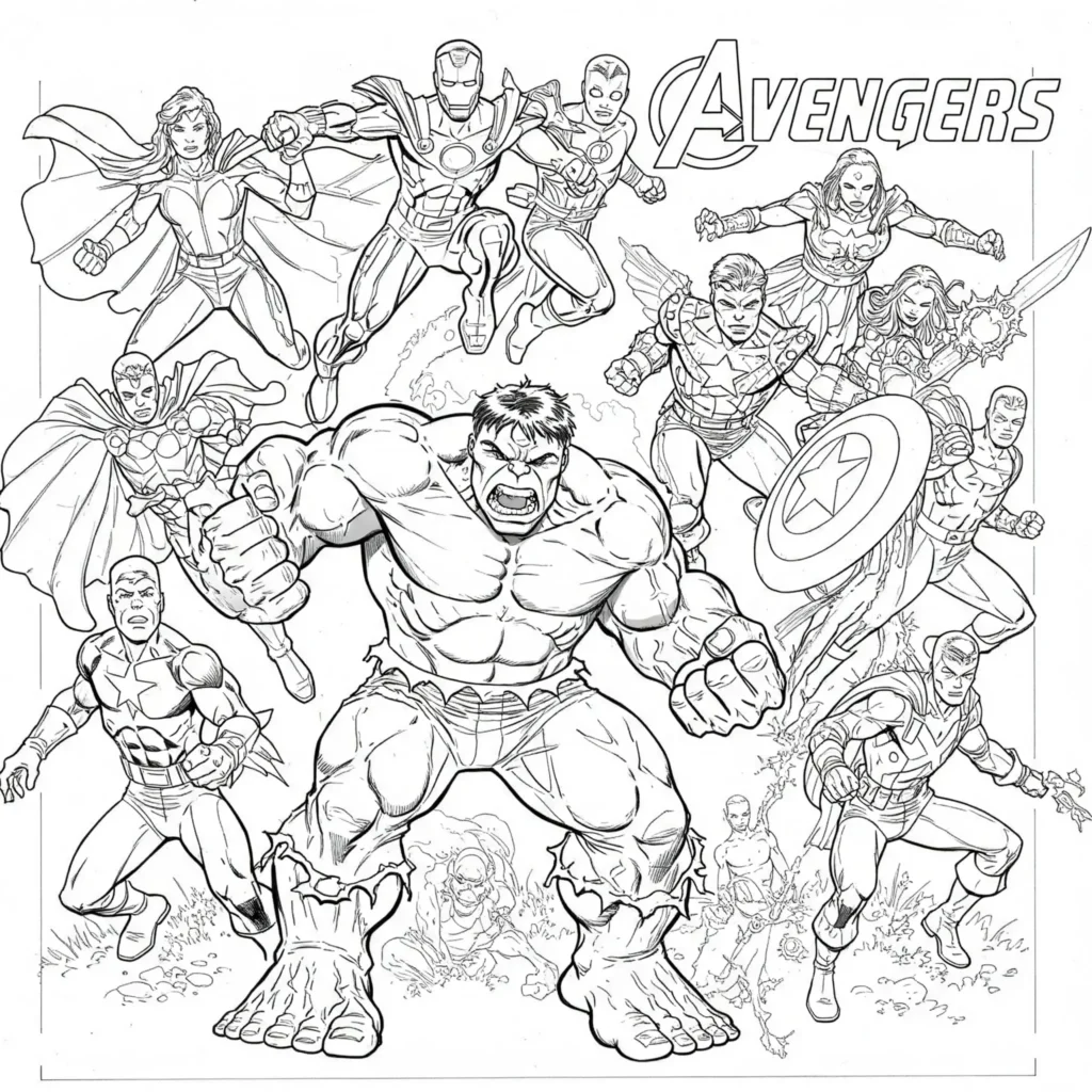 20 Hulk Ausmalbilder (Marvel Malvorlagen Kostenlos drucken) Hulk kämpft gemeinsam mit den Avengers in einer epischen Teamschlacht – perfektes Ausmalbild für Superhelden-Fans.