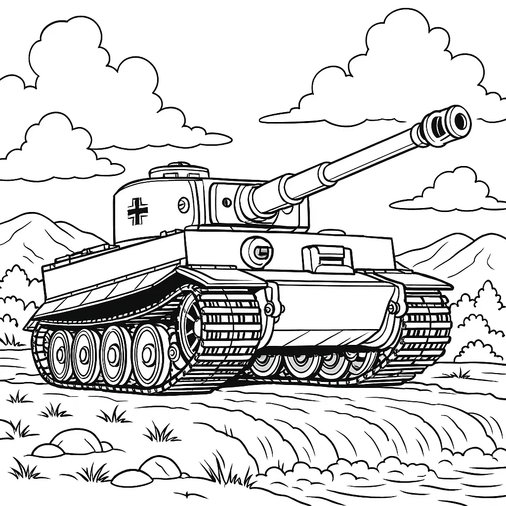 18 Panzer Ausmalbilder (Kostenlose Malvorlage zum Ausdrucken) Tiger 1 Panzer Ausmalbild – detaillierter deutscher Panzer auf hügeligem Gelände