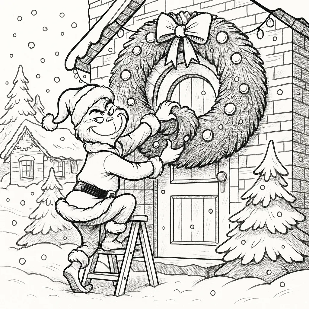 20+ Grinch Ausmalbilder (Gratis Malvorlage zum Ausdrucken) Weihnachts-Grinch-Ausmalbild: Grinch hängt einen großen Weihnachtskranz an eine Tür in Whoville