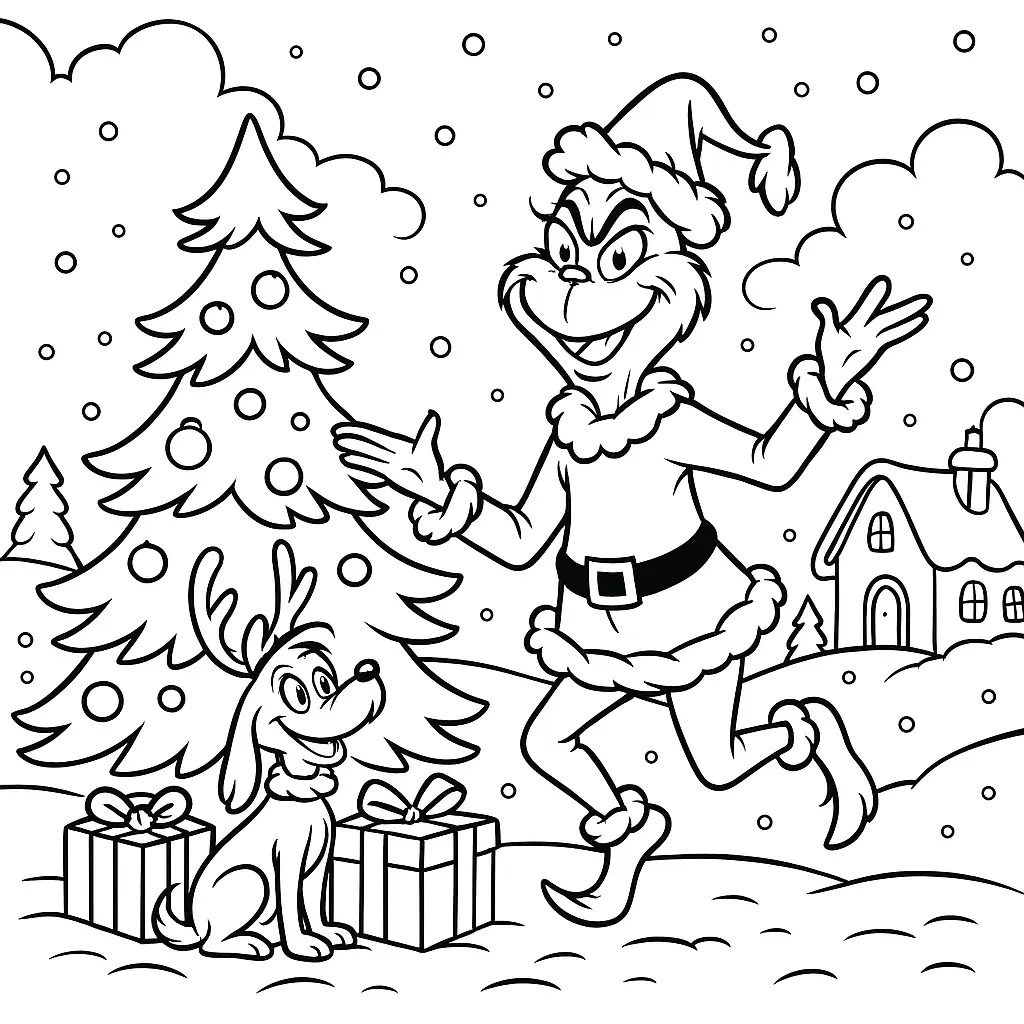20+ Grinch Ausmalbilder (Gratis Malvorlage zum Ausdrucken) Weihnachts-Grinch-Malvorlage: Grinch feiert Weihnachten in Whoville neben einem geschmückten Tannenbaum mit Geschenken