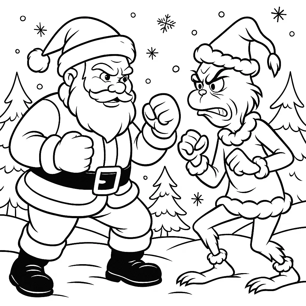 20+ Grinch Ausmalbilder (Gratis Malvorlage zum Ausdrucken) Weihnachtsmann und Grinch stehen sich kampfbereit gegenüber