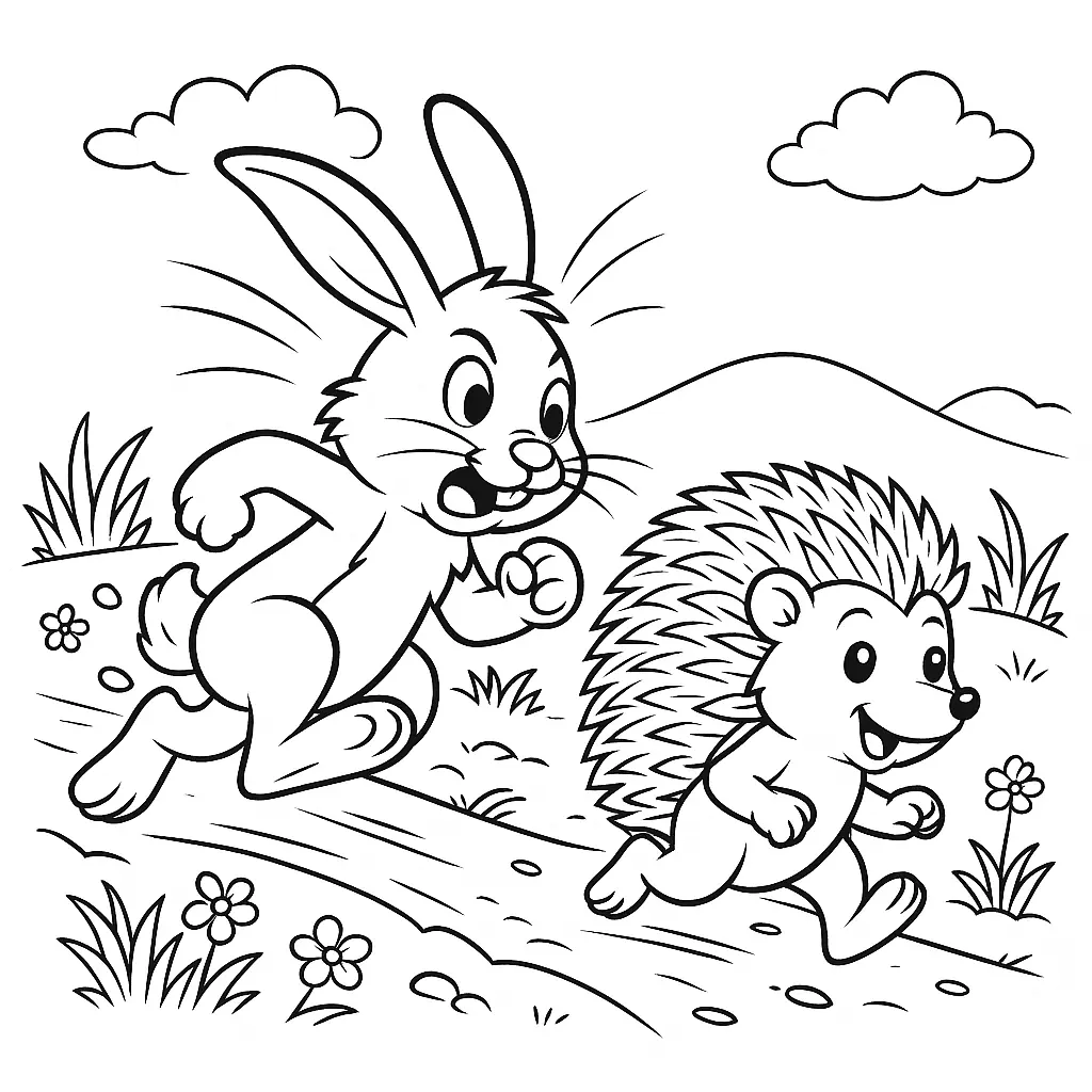 28 Ausmalbilder Igel (Kostenlose Malvorlage PDF zum drucken) Ausmalbild vom Wettlauf zwischen Hase und Igel – lustige Szene auf einem Weg