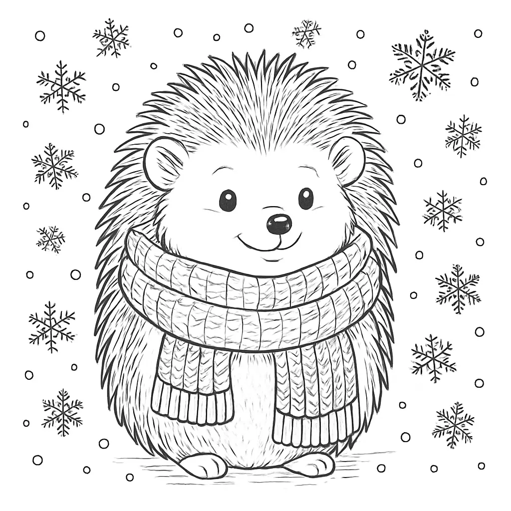 28 Ausmalbilder Igel (Kostenlose Malvorlage PDF zum drucken) Igel mit warmem Schal umgeben von Schneeflocken – ein winterliches Ausmalbild für Kinder und Erwachsene.