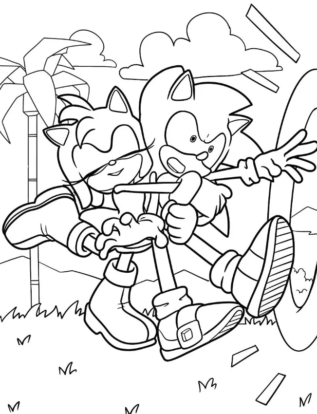 Amy and Sonic Coloring Pages - Free Printable for Kids & Adults Amy Rose hugs Sonic so tightly, tight enough to squeeze him