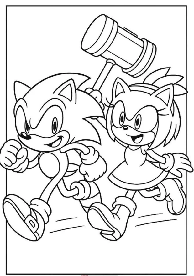 Amy and Sonic Coloring Pages - Free Printable for Kids & Adults Amy chasing Sonic with her hammer. Seems like they are playing a game