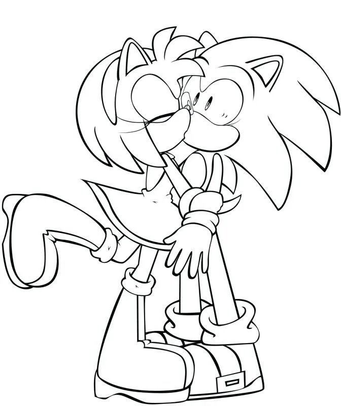 Amy and Sonic Coloring Pages - Free Printable for Kids & Adults Amy gives Sonic a kiss and hugs him tightly