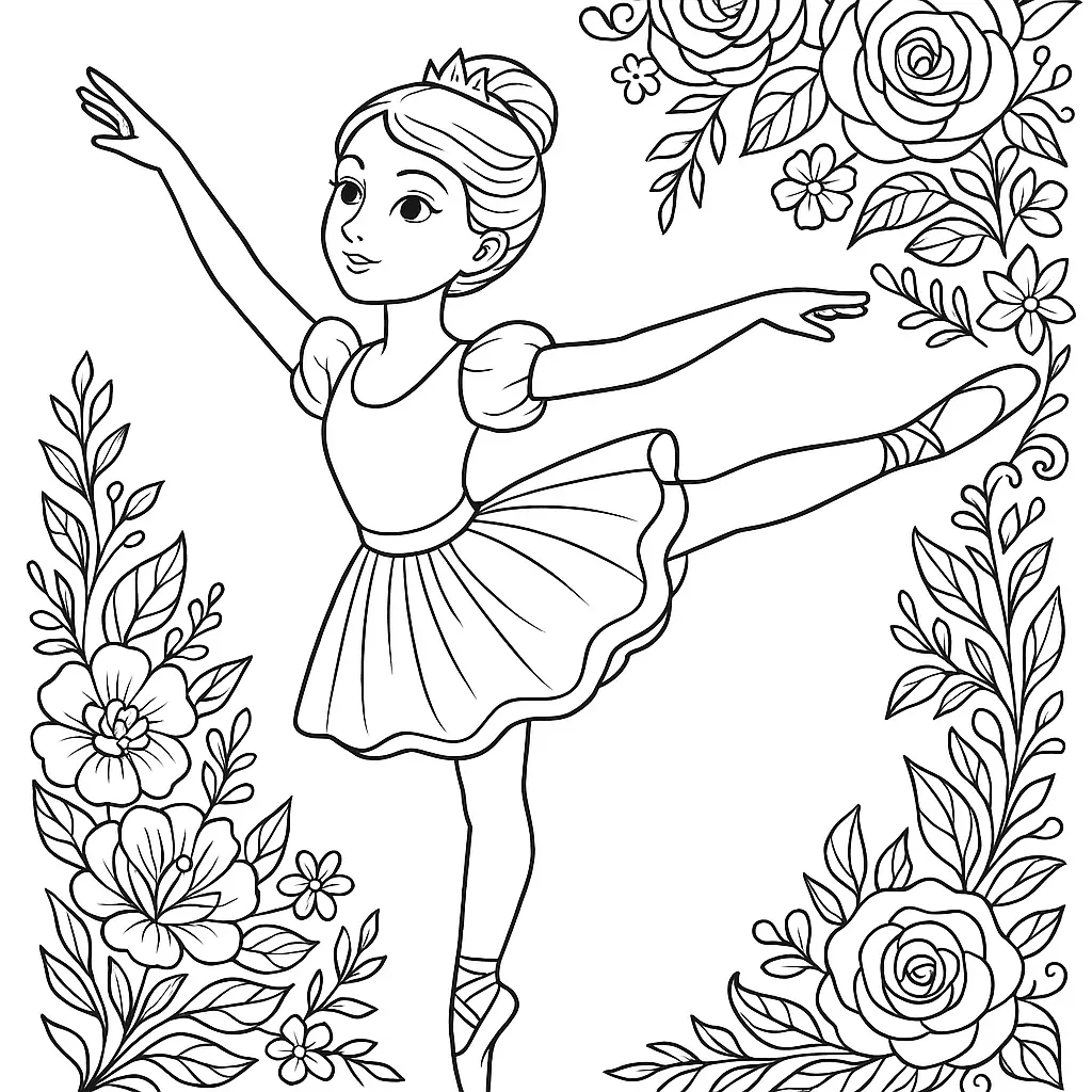 20 Ausmalbilder Ballerina (Gratis Malvorlage zum Ausdrucken) Barbie Ballerina Ausmalbild in Arabesque-Pose mit floraler Dekoration – perfekt zum Ausdrucken und Ausmalen für Kinder