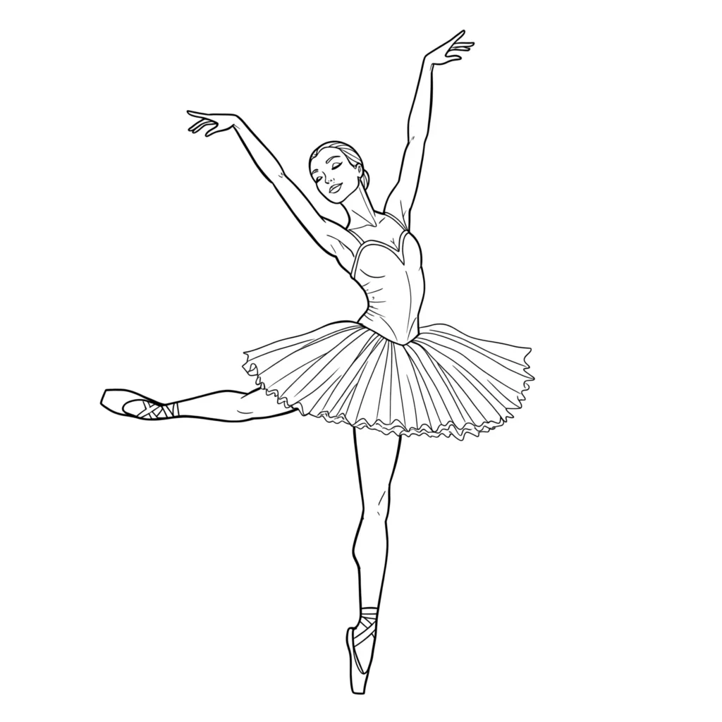 20 Ausmalbilder Ballerina (Gratis Malvorlage zum Ausdrucken) Ausmalbild einer jungen Tänzerin beim Üben im Ballettsaal vor einem großen Spiegel – perfekt zum Ausmalen und Ausdrucken