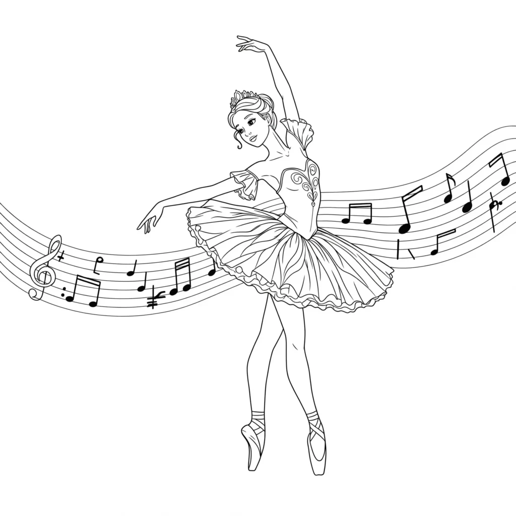 20 Ausmalbilder Ballerina (Gratis Malvorlage zum Ausdrucken) Ausmalbild einer Ballerina, die von schwebenden Musiknoten umgeben ist – kreative Malvorlage zum Ausdrucken und Ausmalen
