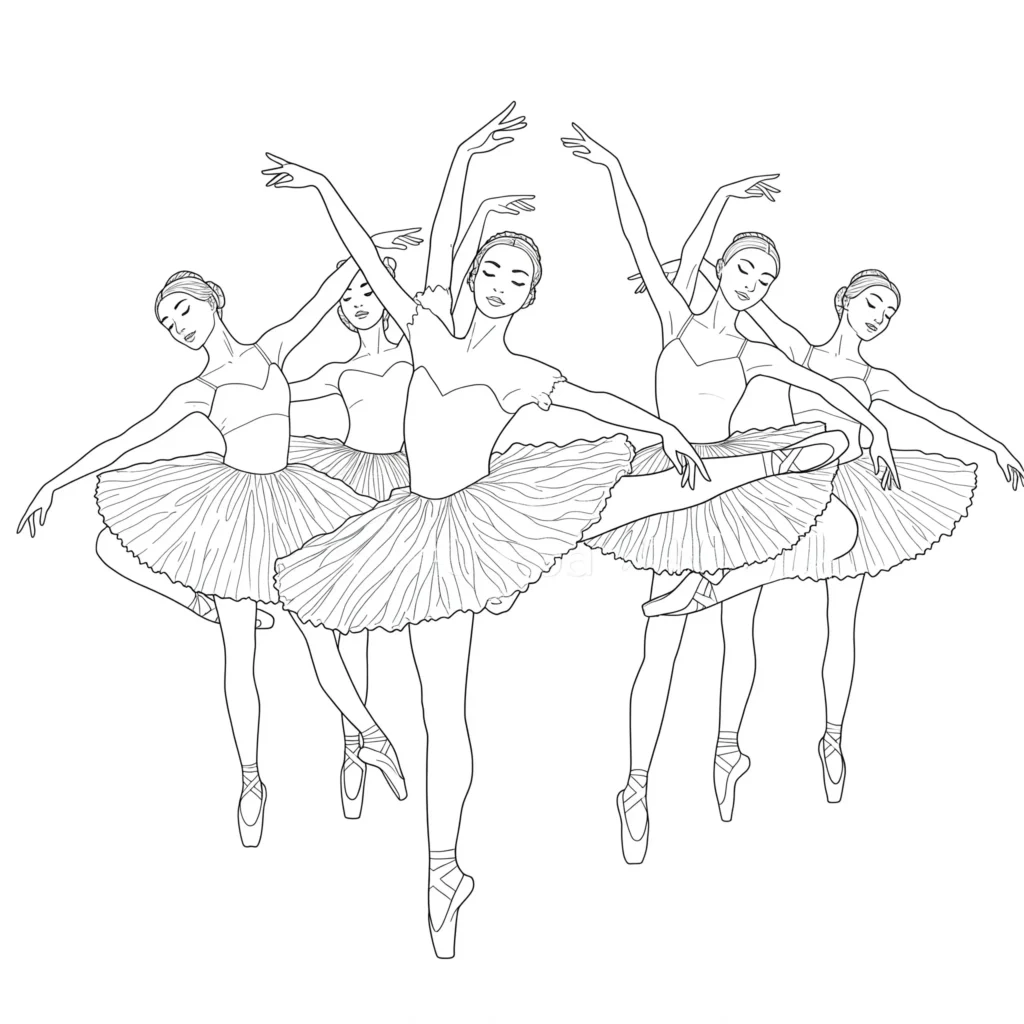 20 Ausmalbilder Ballerina (Gratis Malvorlage zum Ausdrucken) Ausmalbild einer Gruppe von Ballerinas, die eine synchronisierte Pose tanzen – detailreiche Malvorlage zum Ausdrucken