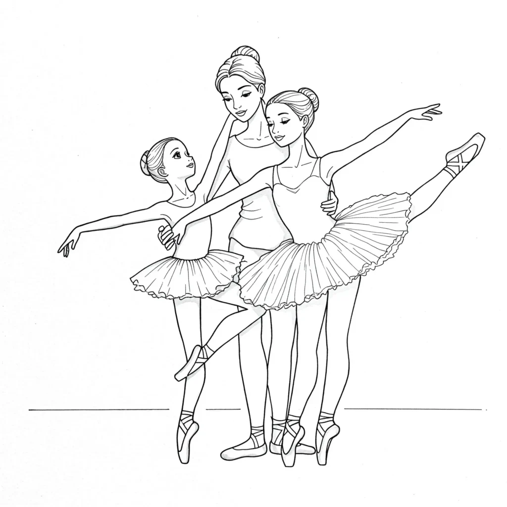 20 Ausmalbilder Ballerina (Gratis Malvorlage zum Ausdrucken) Ausmalbild einer Ballerina Lehrerin, die einer Schülerin Ballettübungen zeigt – Malvorlage zum Ausdrucken