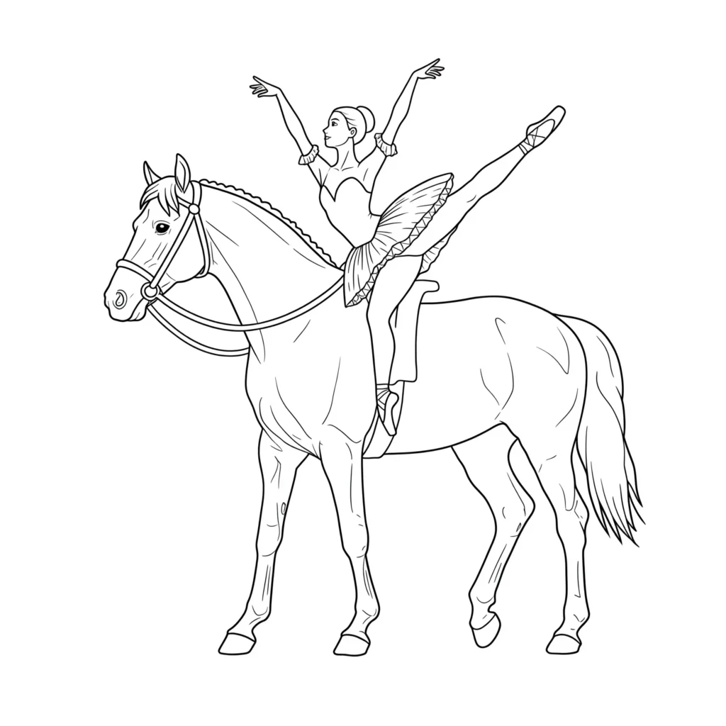 20 Ausmalbilder Ballerina (Gratis Malvorlage zum Ausdrucken) Ausmalbild einer Ballerina, die auf einem Pferd reitet – detailreiche Malvorlage für Kinder zum Ausmalen und Ausdrucken