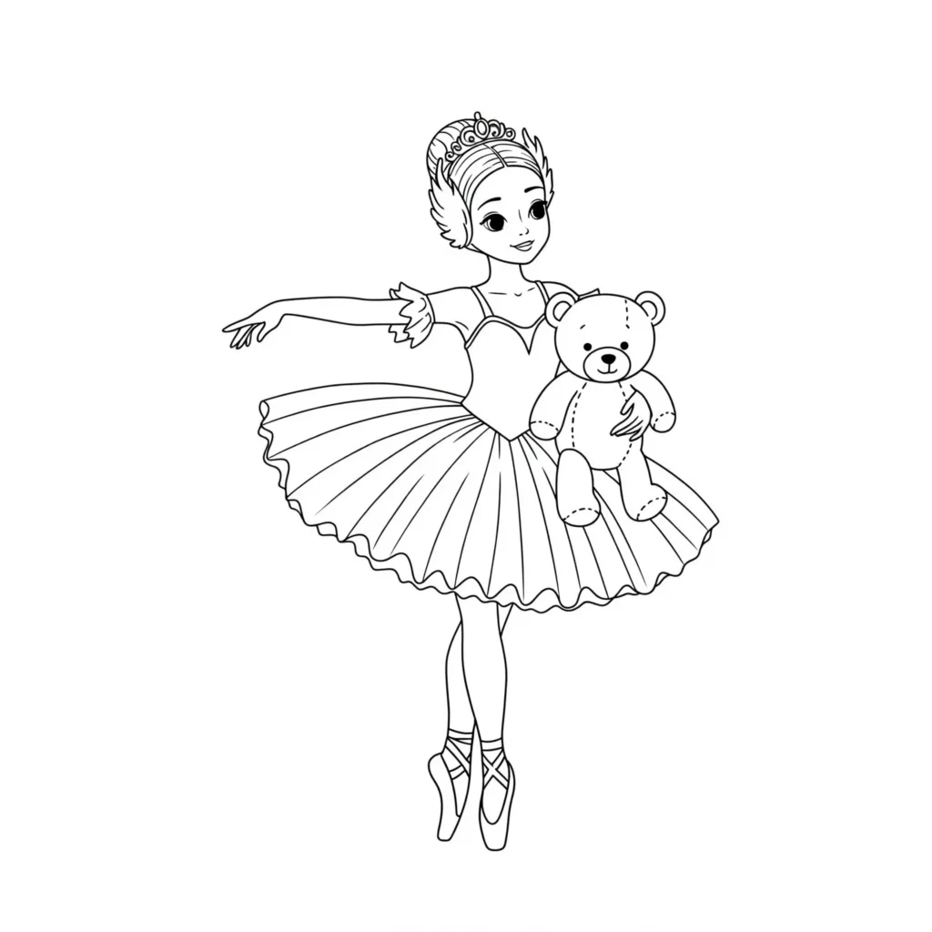 20 Ausmalbilder Ballerina (Gratis Malvorlage zum Ausdrucken) Niedliches Ausmalbild mit einer jungen Ballerina und einem Teddybär im Tutu – perfekt zum Ausdrucken und Ausmalen