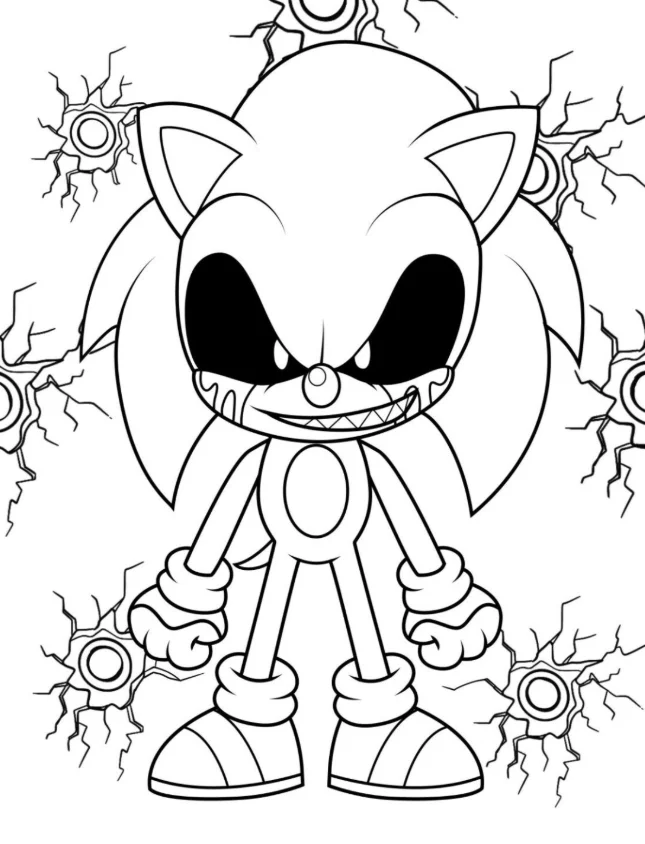 Sonic.exe Coloring Pages – Free Printable for Kids & Adults Evil Sonic stands in front of a broken wall