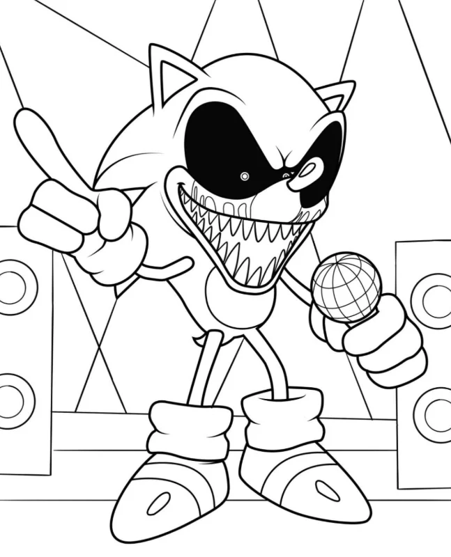 Sonic.exe Coloring Pages – Free Printable for Kids & Adults Evil Sonic stands on the stage with a microphone in his hand