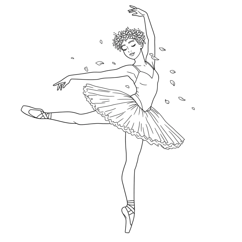 20 Ausmalbilder Ballerina (Gratis Malvorlage zum Ausdrucken) Ausmalbild einer Ballerina im Frühling mit einem hübschen Blumenkranz im Haar – detailreiche Malvorlage zum Ausdrucken und Ausmalen