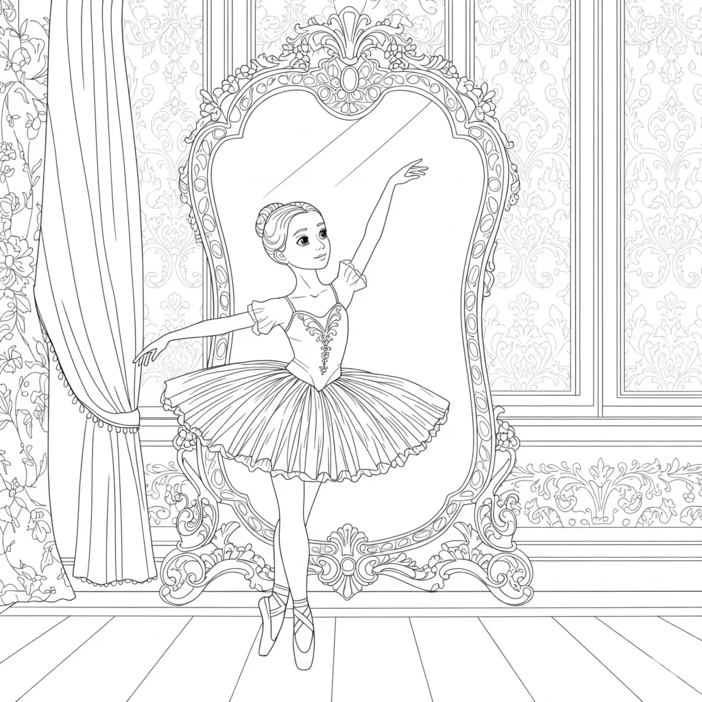 20 Ausmalbilder Ballerina (Gratis Malvorlage zum Ausdrucken) Ausmalbilder Ballerina beim Balletttraining vor einem Spiegel – liebevoll gestaltete Malvorlage zum Ausdrucken