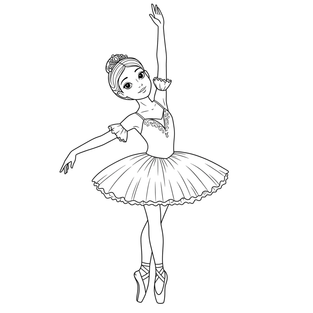 20 Ausmalbilder Ballerina (Gratis Malvorlage zum Ausdrucken) Ausmalbild einer kleinen Ballerina in süßer Pose – liebevolle Malvorlage für Kinder zum Ausmalen und Ausdrucken