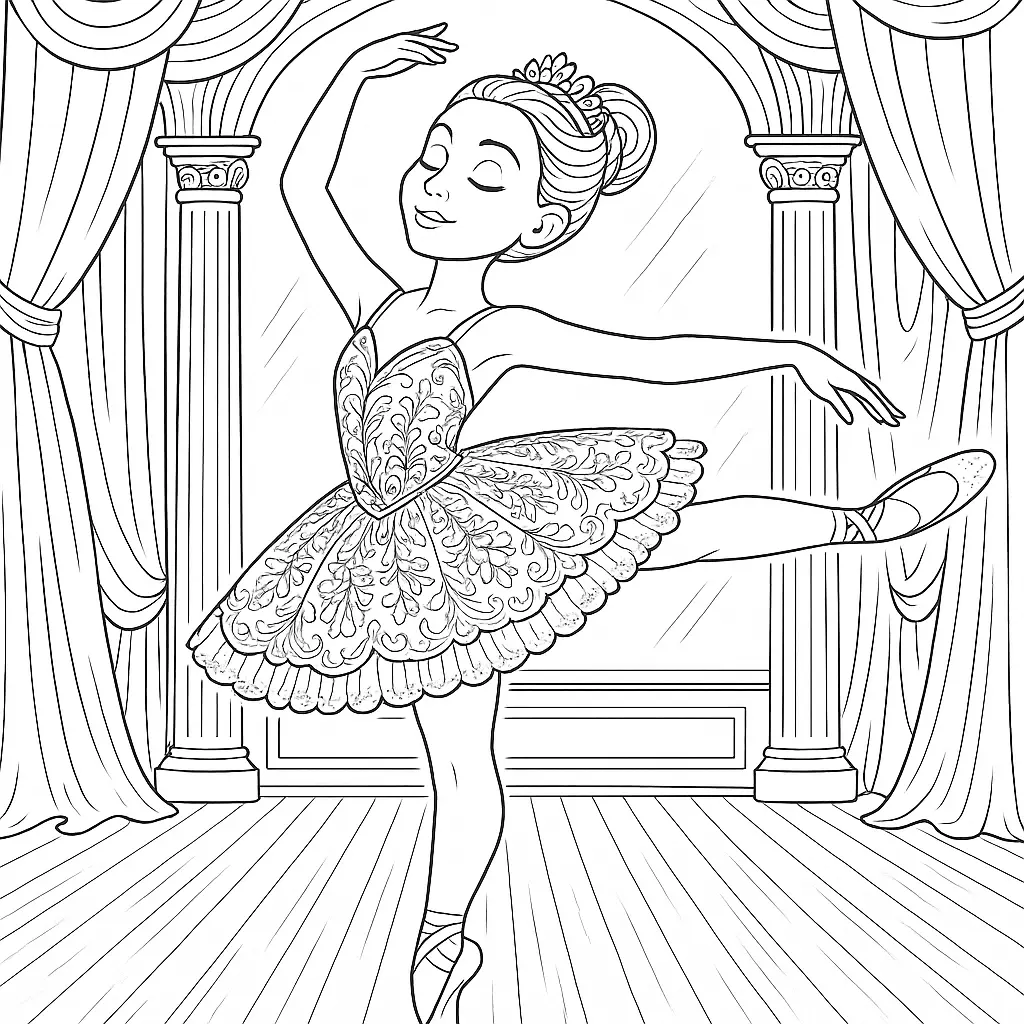 20 Ausmalbilder Ballerina (Gratis Malvorlage zum Ausdrucken) Malvorlage Ballerina zeigt eine Tänzerin bei einer Pirouette auf der Bühne – ideal zum Ausmalen und Ausdrucken für Kinder
