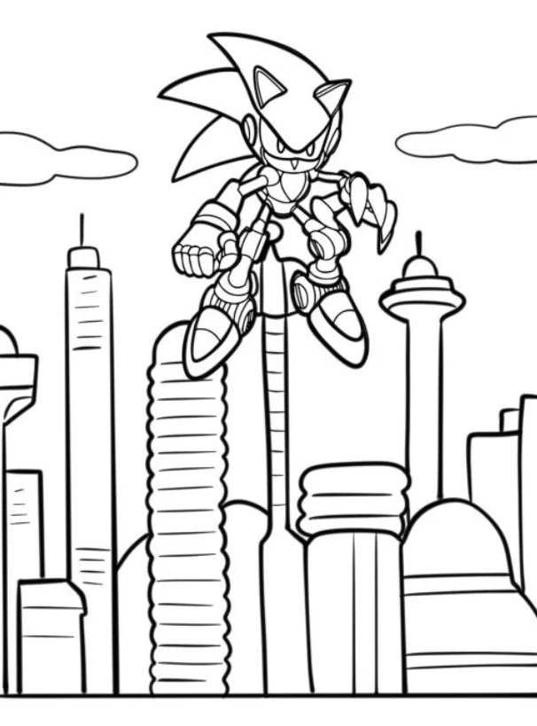 Metal Sonic Coloring Pages - Free Printable for Kids & Adults Metal Sonic flies over the city