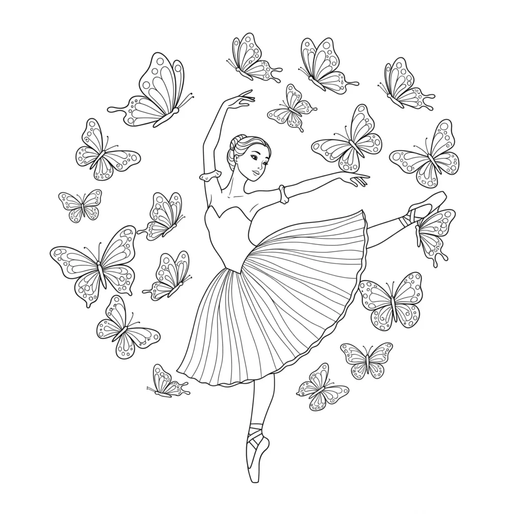 20 Ausmalbilder Ballerina (Gratis Malvorlage zum Ausdrucken) Ausmalbild einer Prima Ballerina, die mit Schmetterlingen tanzt – fantasievolle Malvorlage zum kostenlosen Ausdrucken