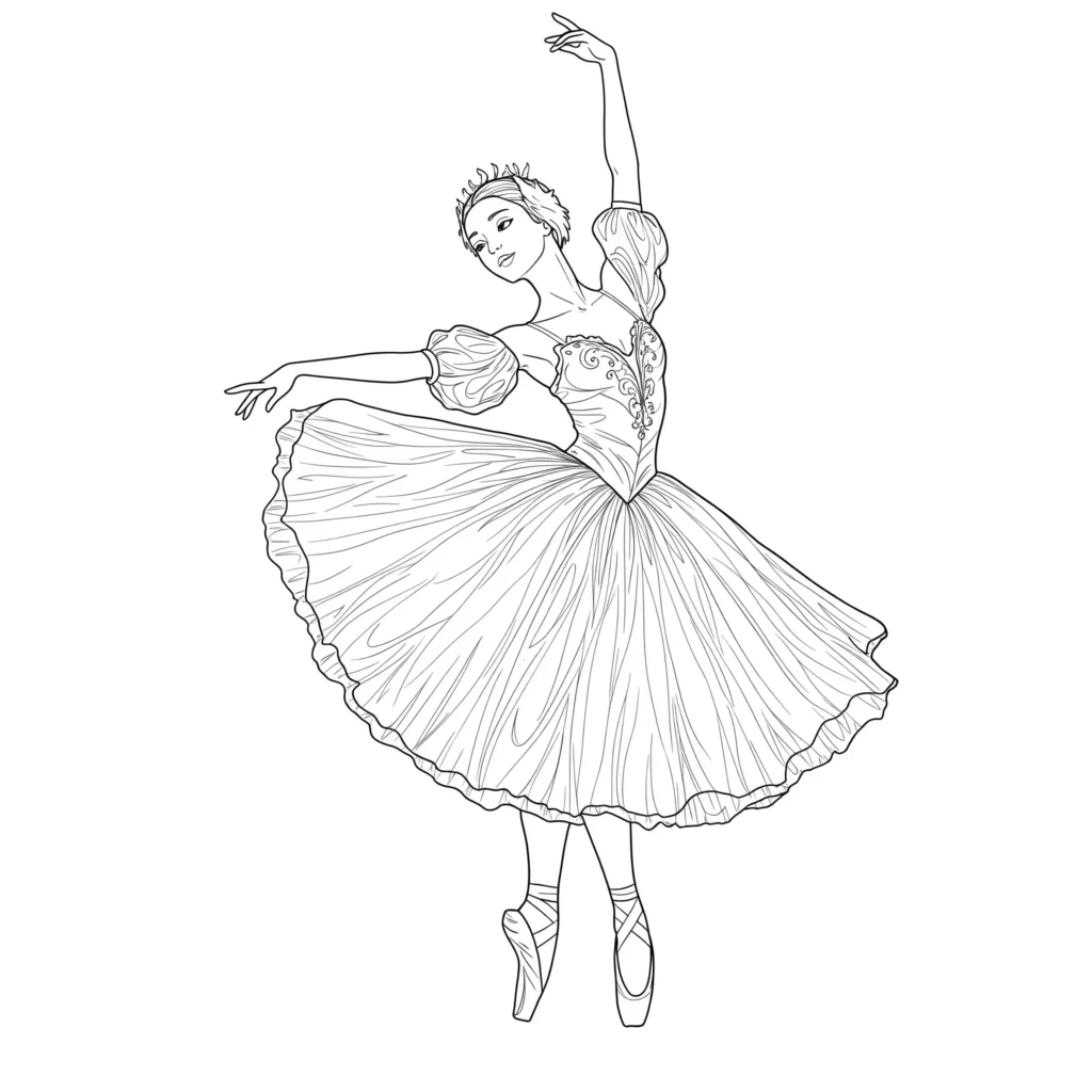 20 Ausmalbilder Ballerina (Gratis Malvorlage zum Ausdrucken) Ausmalbild einer schönen Balletttänzerin in elegantem Tanz – detailreiche Malvorlage für Kinder zum Ausdrucken und Ausmalen