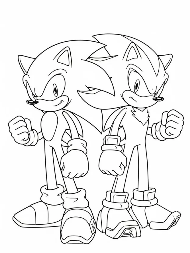Sonic and Shadow Coloring Pages - Free Printable for Kids & Adults Sonic and Shadow stand next to each other with their signature poses.