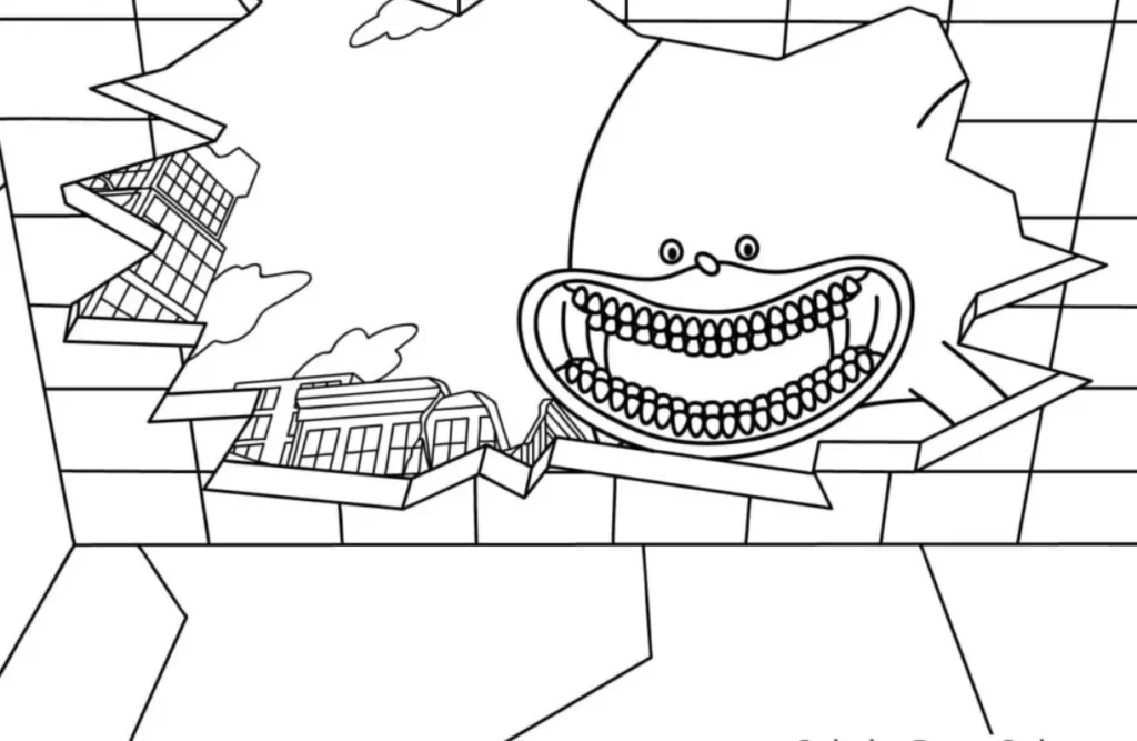 Shin Sonic Coloring Pages – Free Printable for Kids & Adults Shin Sonic peaking from the top of a building with his toothiest smile