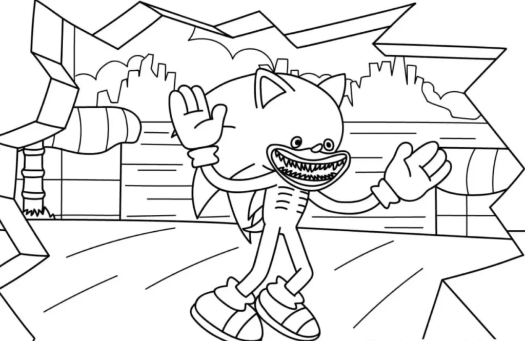 Shin Sonic Coloring Pages – Free Printable for Kids & Adults Shin Sonic smiles with a toothy smile from a broken building
