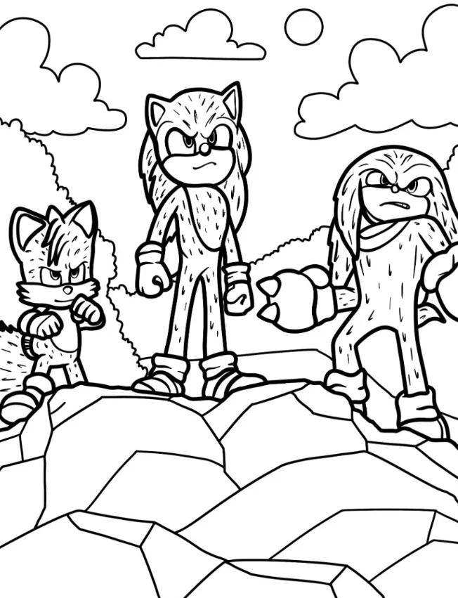 Sonic, Tails, and Knuckles coloring pages – Free Printable for Kids & Adults Sonic, Tails, and Knuckles standing confidently to fight evil together on a cliff