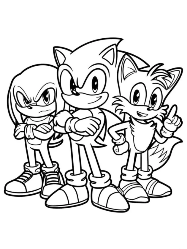 Sonic the Hedgehog Coloring Pages - Free Printable for Kids & Adults Sonic, Tails, and Knuckles striking a heroic pose together