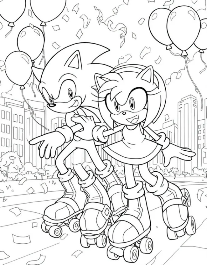 Amy and Sonic Coloring Pages - Free Printable for Kids & Adults Sonic and Amy Rose skate together in a calm atmosphere surrounded by balloons.