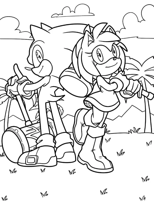 Amy and Sonic Coloring Pages - Free Printable for Kids & Adults Sonic and Amy Rose standing back to back, with both holding hammers in their hands