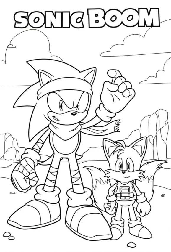Sonic Boom Coloring Pages - Free Printable for Kids & Adults Sonic and Tails standing side by side in a rocky area