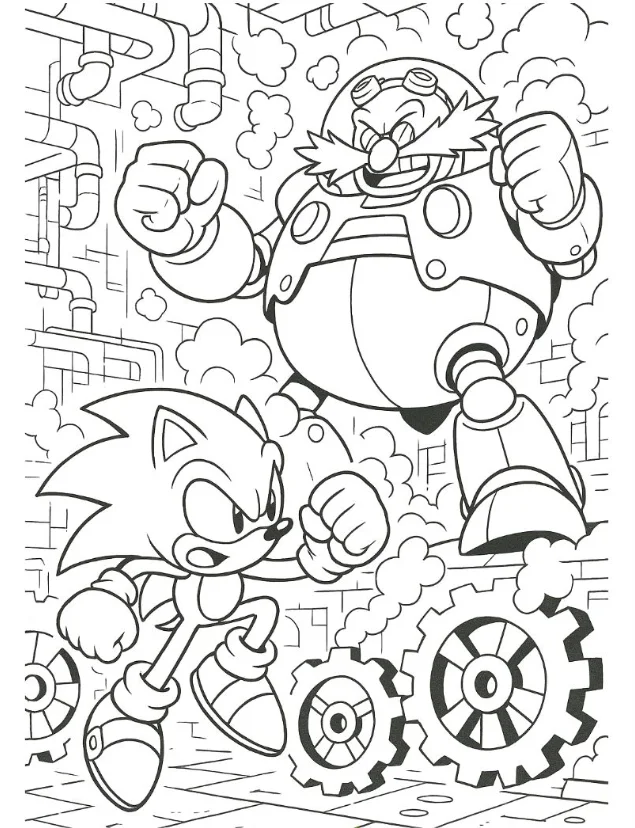 Sonic the Hedgehog Coloring Pages - Free Printable for Kids & Adults Sonic fighting with Dr. Eggman fiercely and bravely