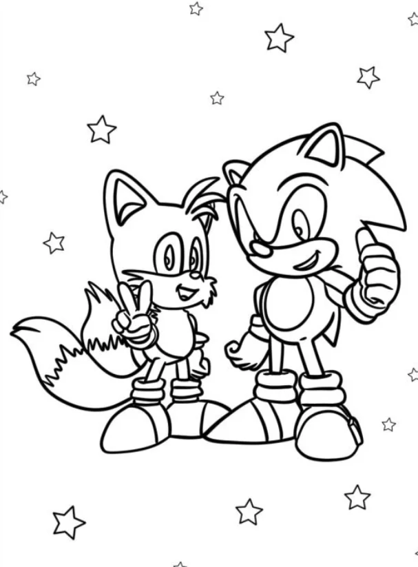 Sonic, Tails, and Knuckles coloring pages – Free Printable for Kids & Adults Sonic gives a thumbs-up while Tails gives a victory sign