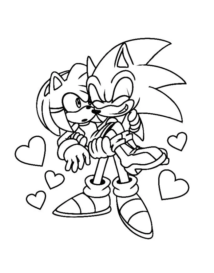 Amy and Sonic Coloring Pages - Free Printable for Kids & Adults Sonic showing his love for Amy Rose by holding her in his arms