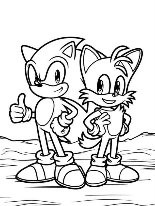 Sonic the Hedgehog Coloring Pages - Free Printable for Kids & Adults Sonic standing with Tails as they make a friendly pose