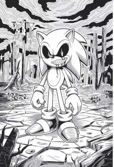 Sonic.exe Coloring Pages – Free Printable for Kids & Adults Sonic stands in an evil background with a scary look
